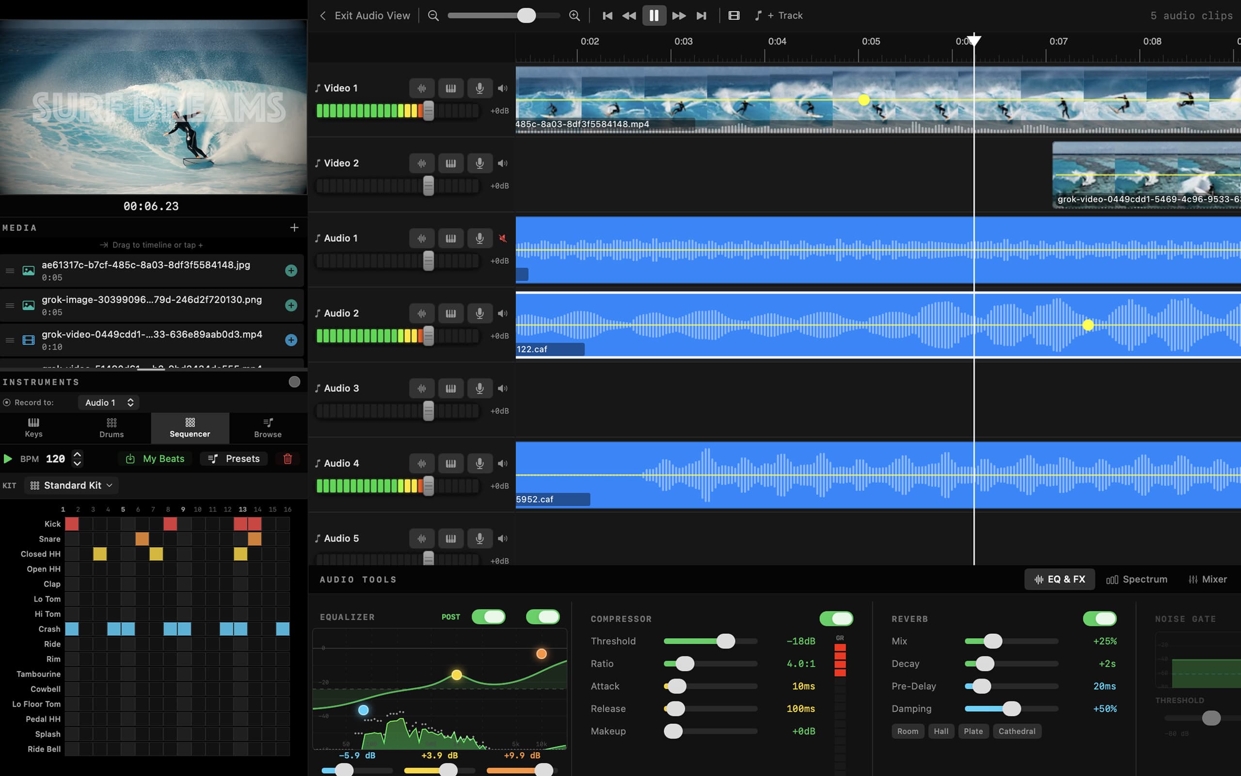 Dedicated audio workspace with channel strip mixer, EQ, and effects