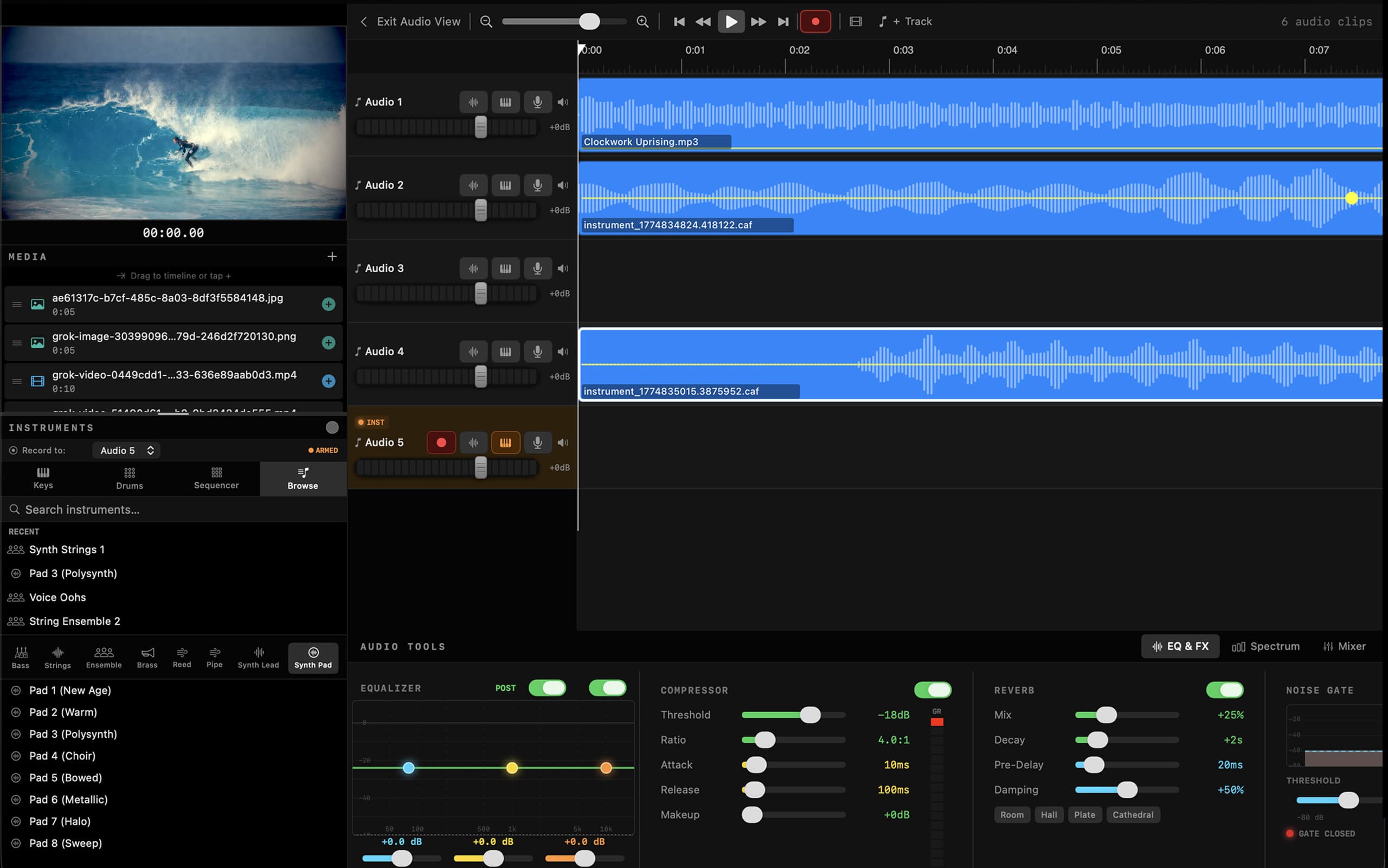 Built-in instruments and beat sequencer with external MIDI and mic recording