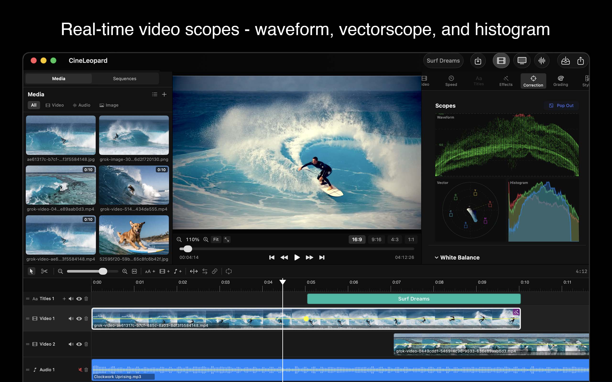 Real-time video scopes — waveform, vectorscope, and histogram