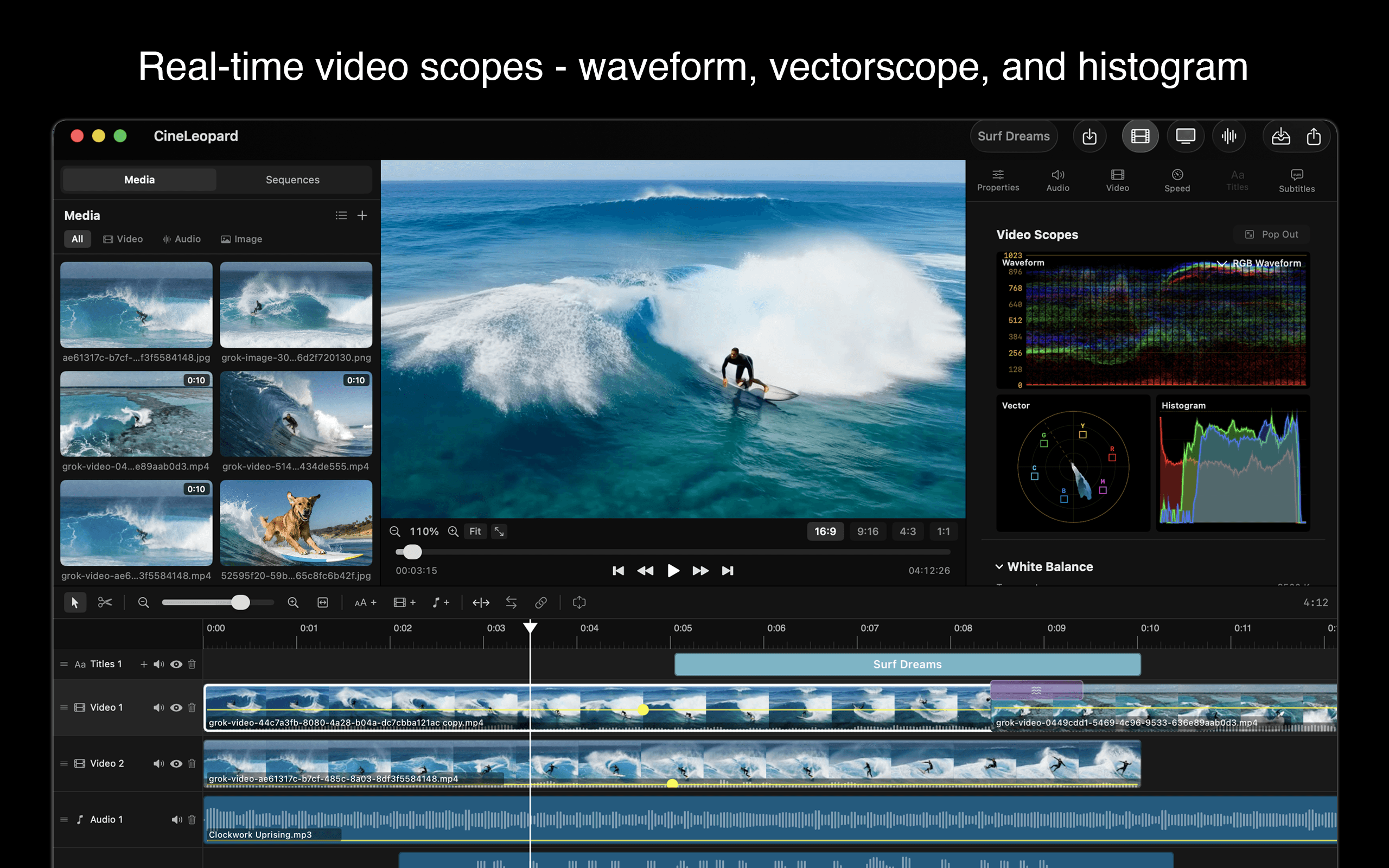 Real-time scopes — Luma, RGB Waveform, RGB Parade, and Vectorscope