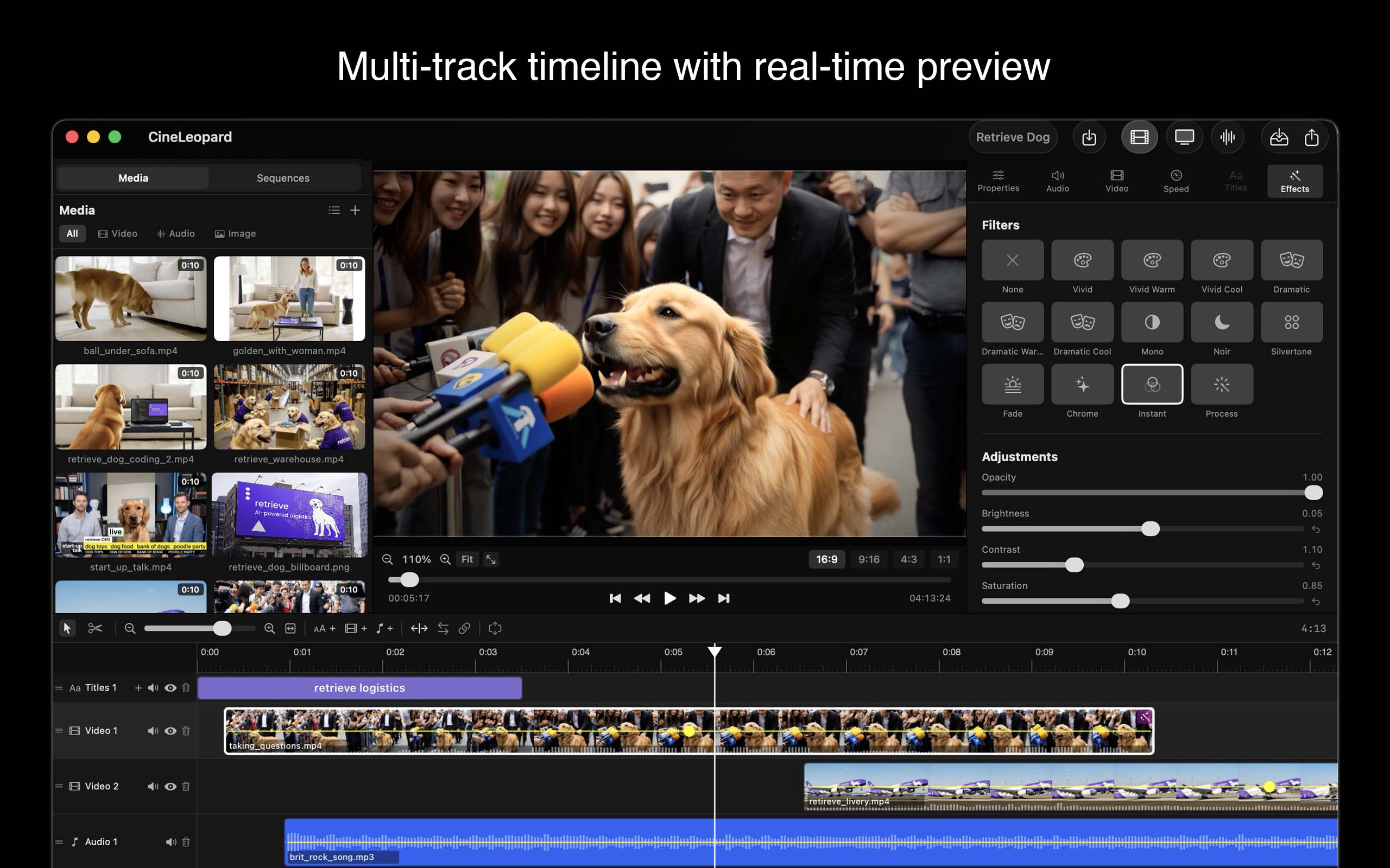 Multi-track timeline with real-time preview and customizable colors