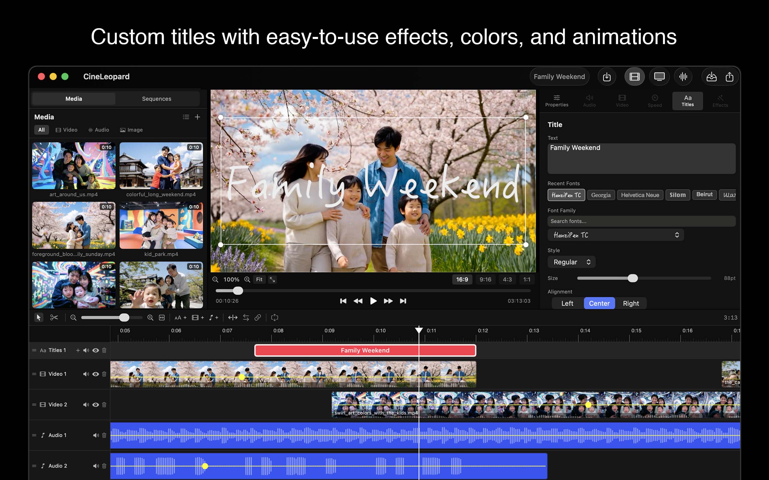 Custom titles with easy-to-use effects, colors, and animations