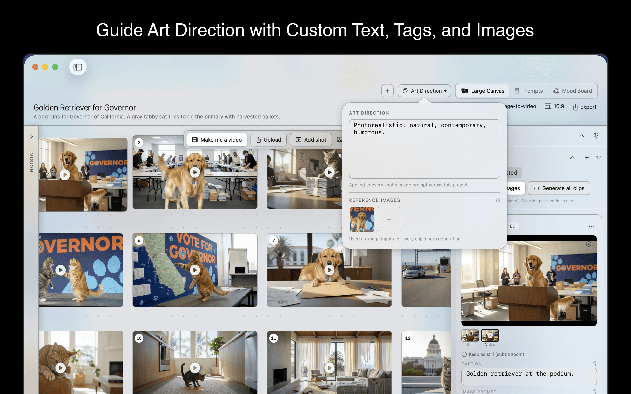 Guide art direction with custom text, tags, and images