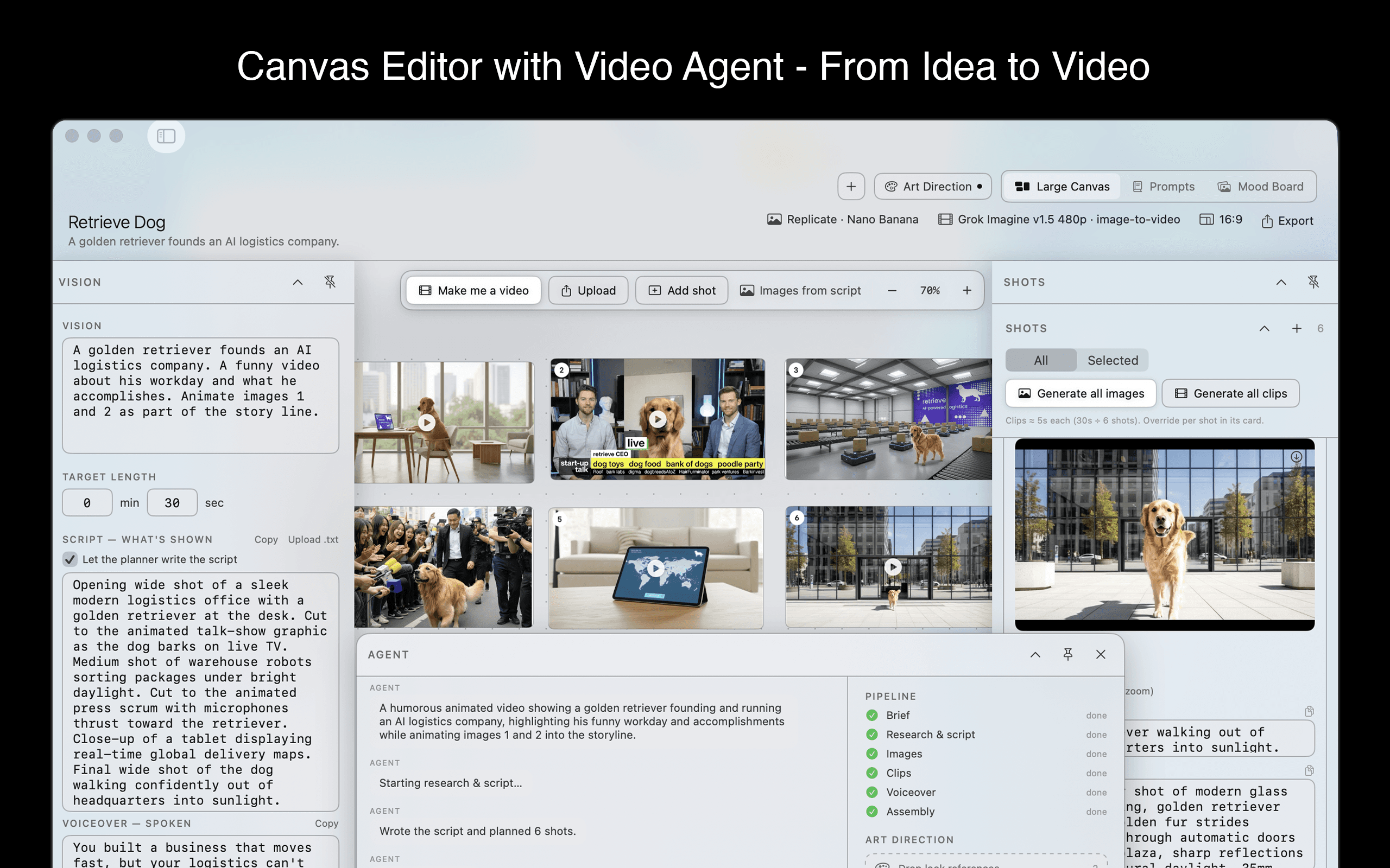 Large Canvas editor with the “make me a video” agent