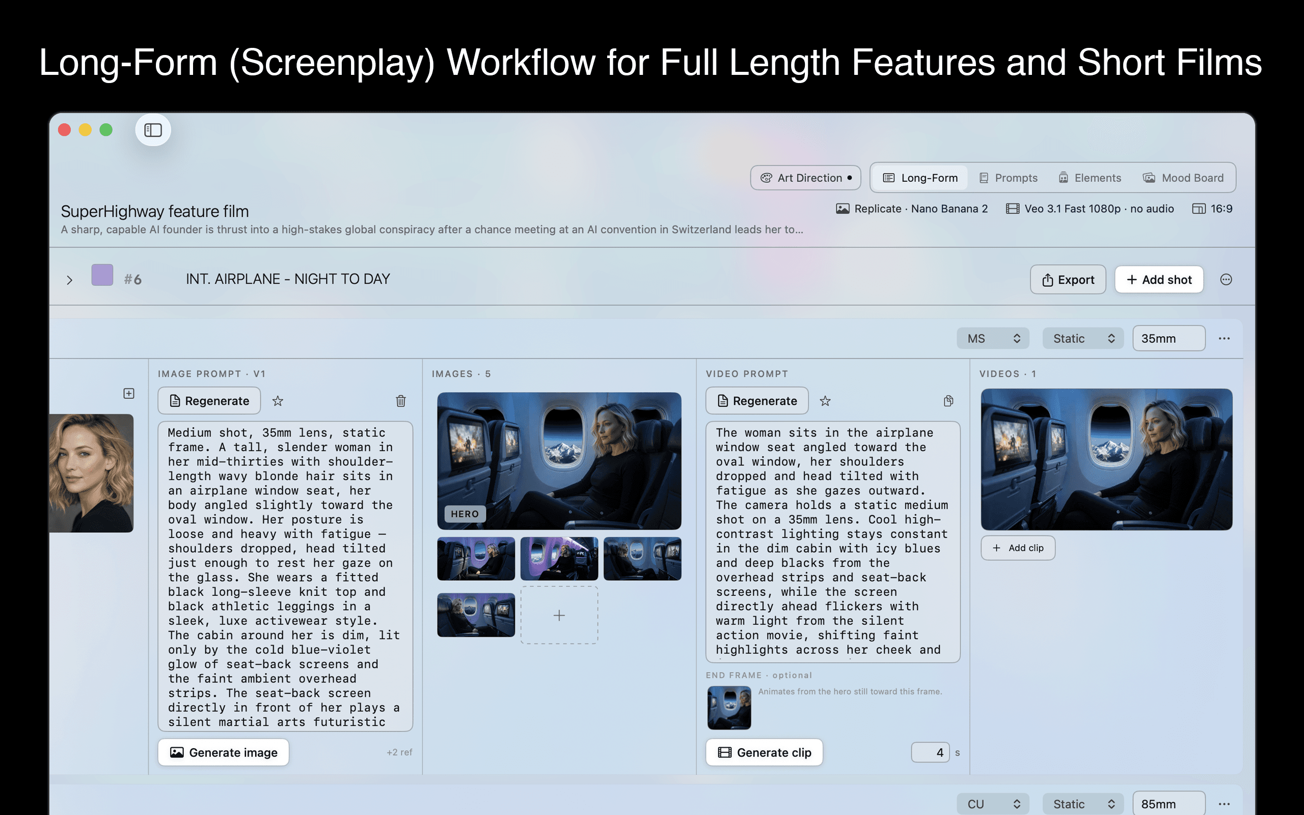 Long-form screenplay workflow for features and short films