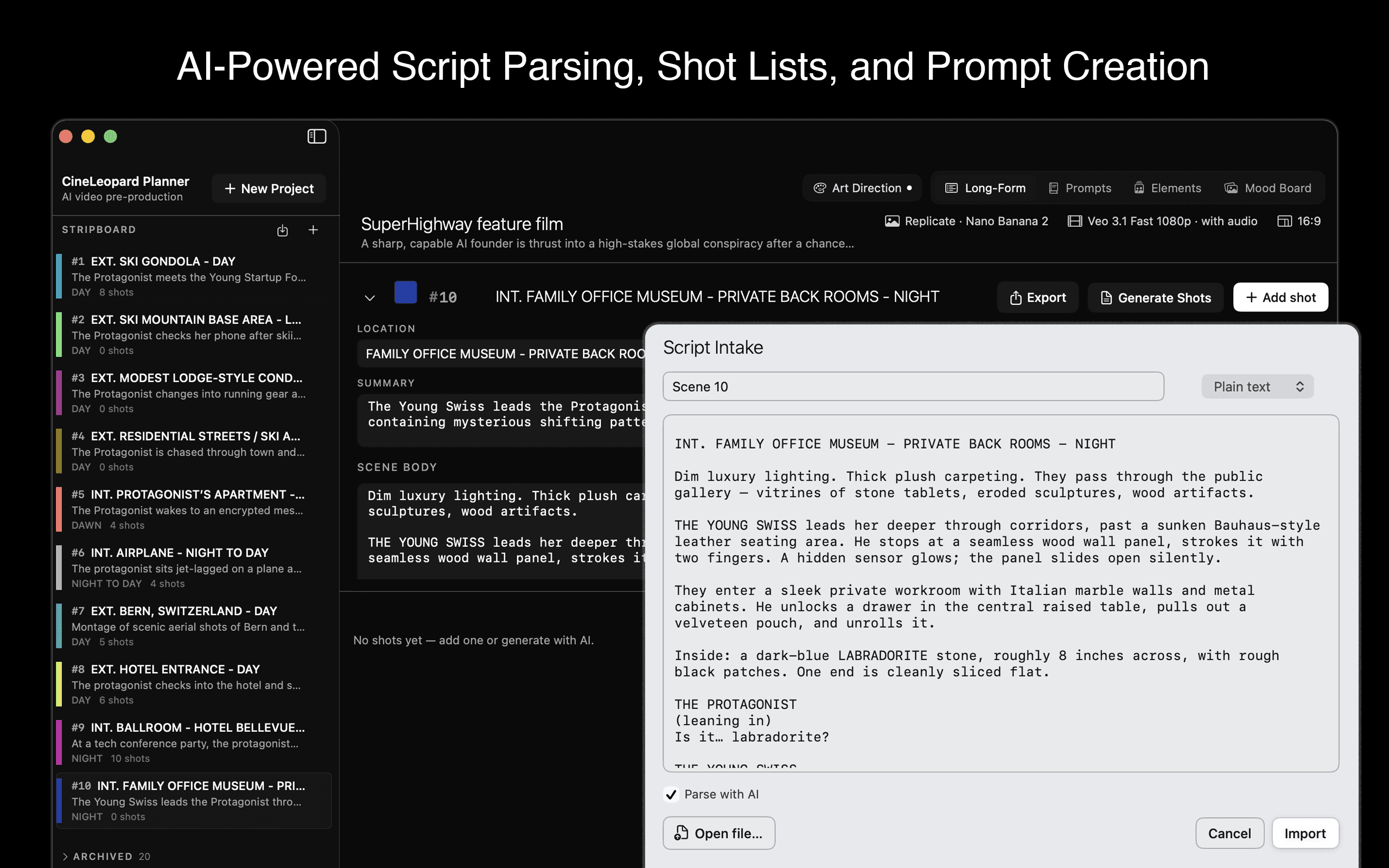 AI-powered script parsing into shot lists and prompts