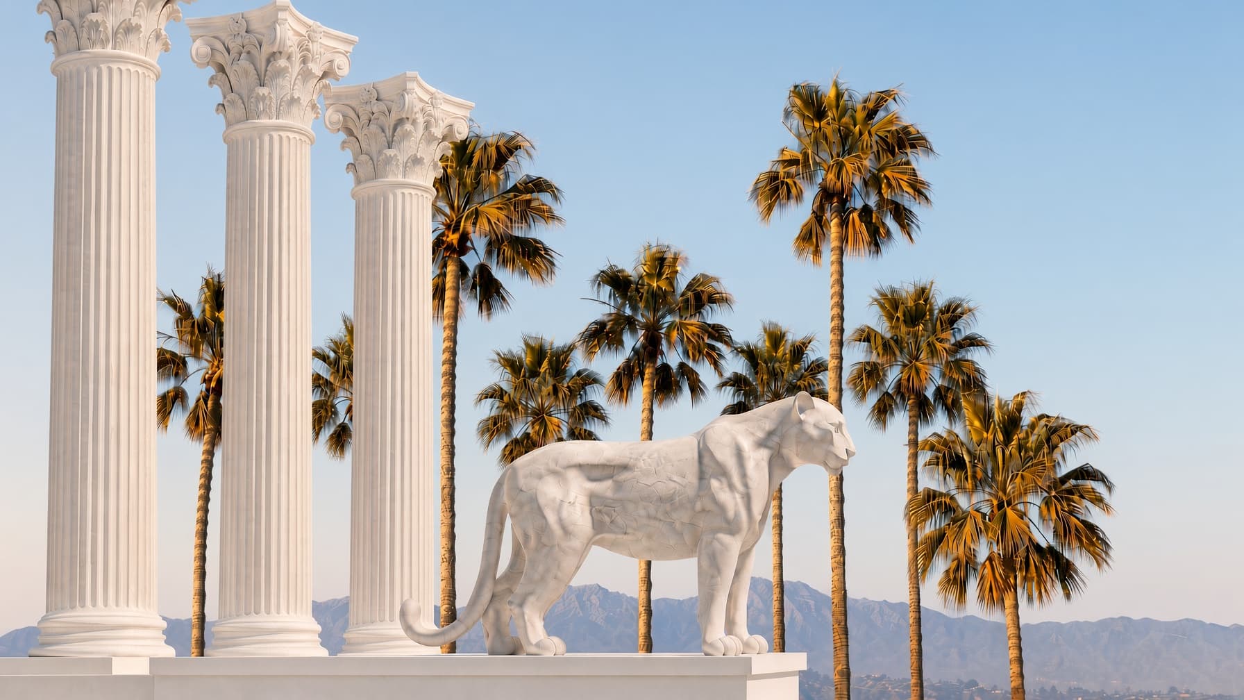 White marble Corinthian columns and a leopard sculpture with palm trees and mountains