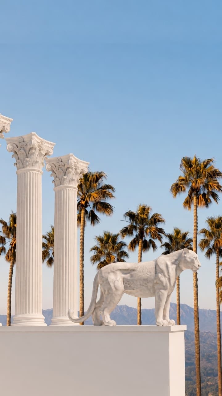 White marble Corinthian columns and a leopard sculpture with palm trees and mountains